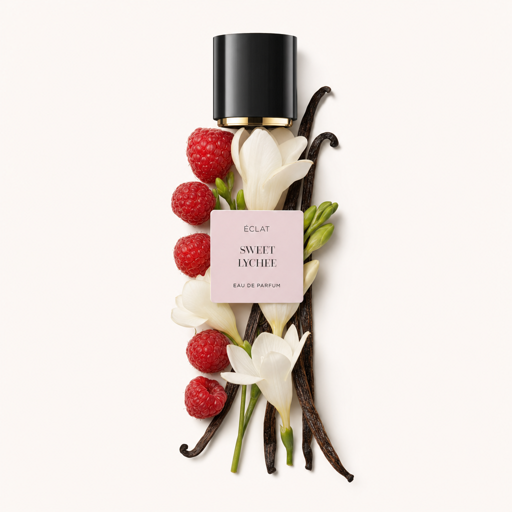 An arrangement of raspberries, white flowers, and vanilla pods around the original black cap with label of ÉCLAT Sweet Lychee.