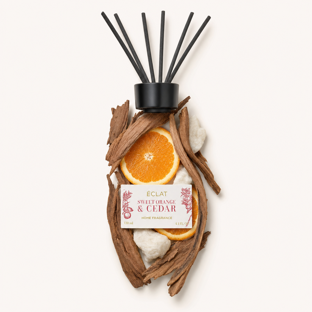 Ett arrangemang av cederträbitar och skivor av söt apelsin omger en svart lock med etiketten för ÉCLAT Sweet Orange & Cedar Room Fragrance Sticks.