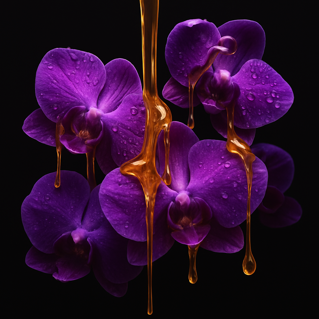 Vibrant purple orchids with golden liquid droplets cascading over their petals.