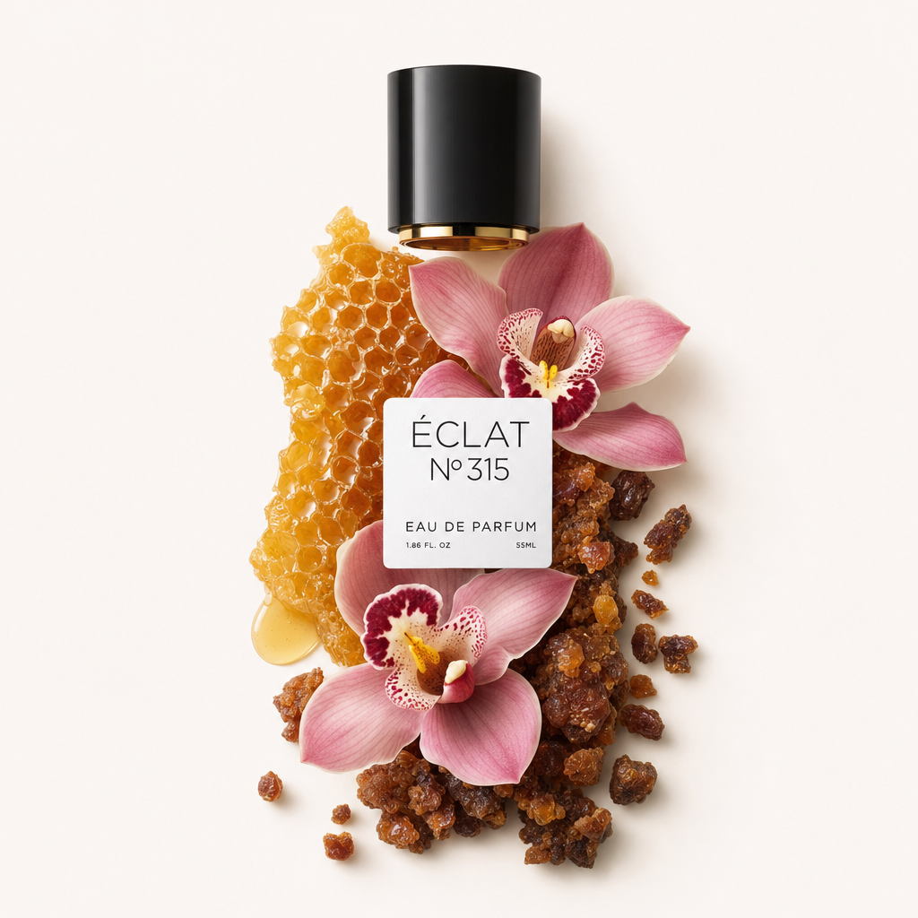 A delicate arrangement of pink orchids, honeycomb, and amber resin surrounds a black cap with a gold accent, labeled ÉCLAT VIP Sweet Orchid.