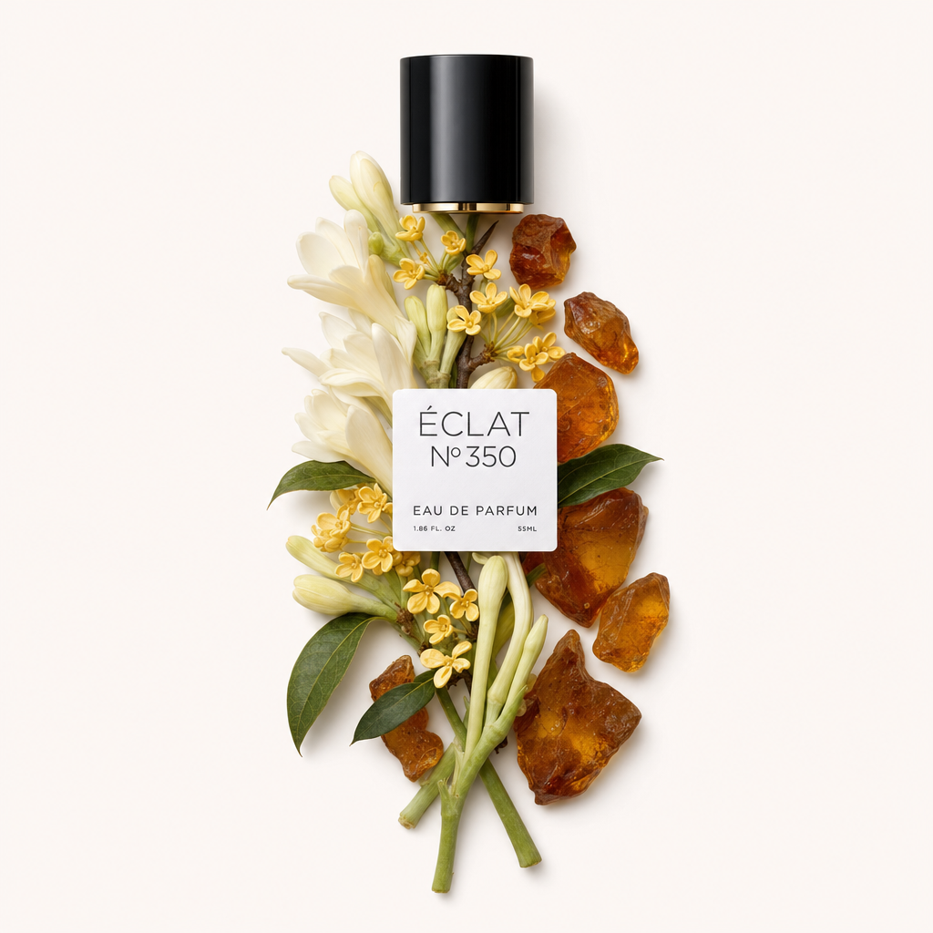 An arrangement of osmanthus flowers, tuberose, and amber stones, with ÉCLAT's black cap and label displayed above.