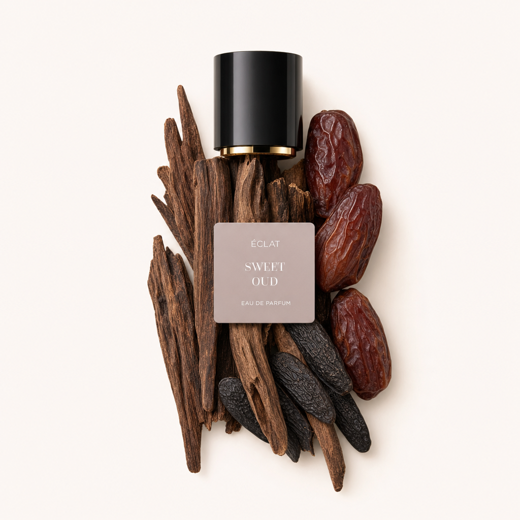 Un arrangement de bois d'oud, dattes séchées et fèves tonka entoure le bouchon noir ÉCLAT Sweet Oud avec une étiquette.