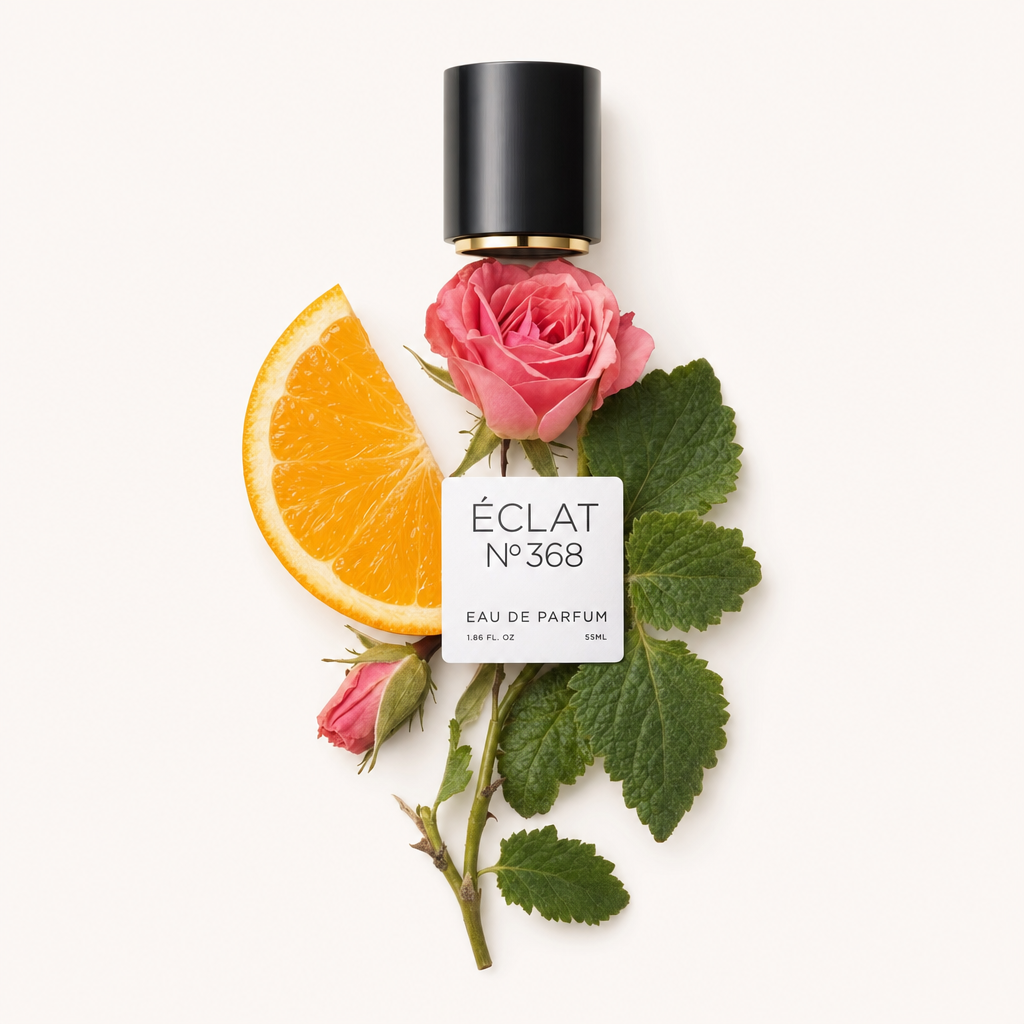 Une composition avec une tranche d'orange, des roses roses et des feuilles vertes disposées sous un capuchon noir avec une étiquette portant ÉCLAT Sweet Patchouli.