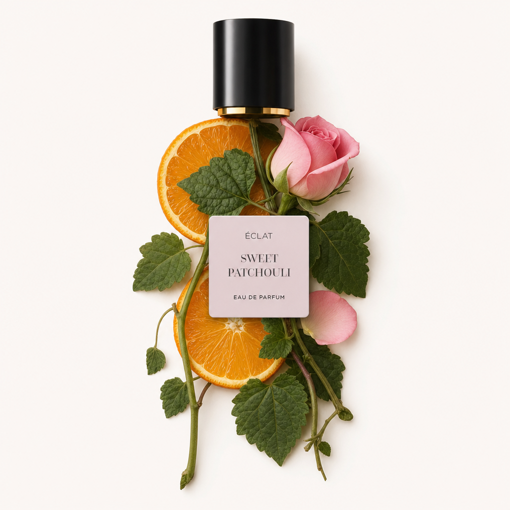 Un arreglo de rodajas de naranja, rosa rosada y hojas de pachulí rodea una tapa negra con ribete dorado, etiquetada ÉCLAT Sweet Patchouli.
