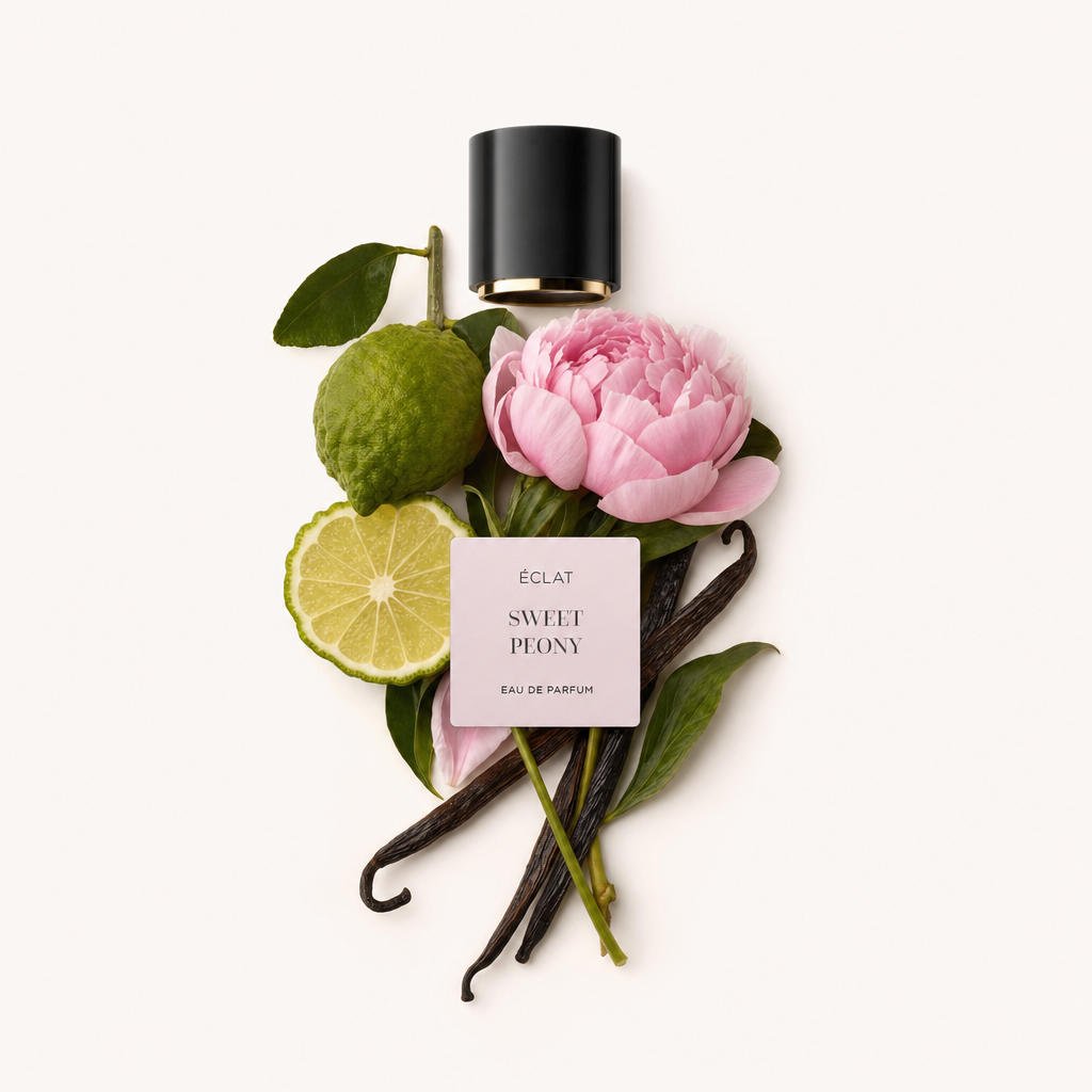Une composition de bergamote fraîche, de pivoine rose délicate et de gousses de vanille aromatiques, avec un bouchon noir portant l'étiquette ÉCLAT Sweet Peony.