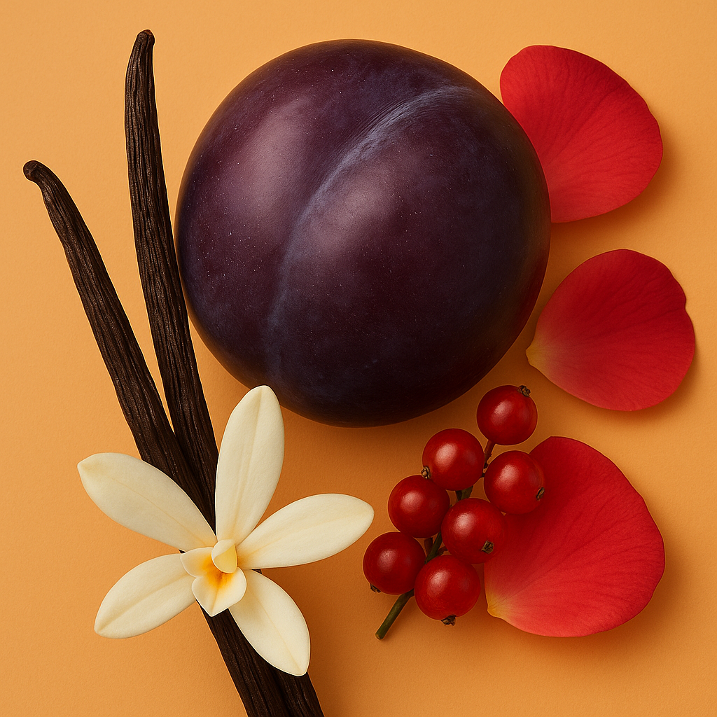 Un riche arrangement de prune, gousses de vanille, groseilles rouges, pétales de rose et fleur blanche sur fond chaud.