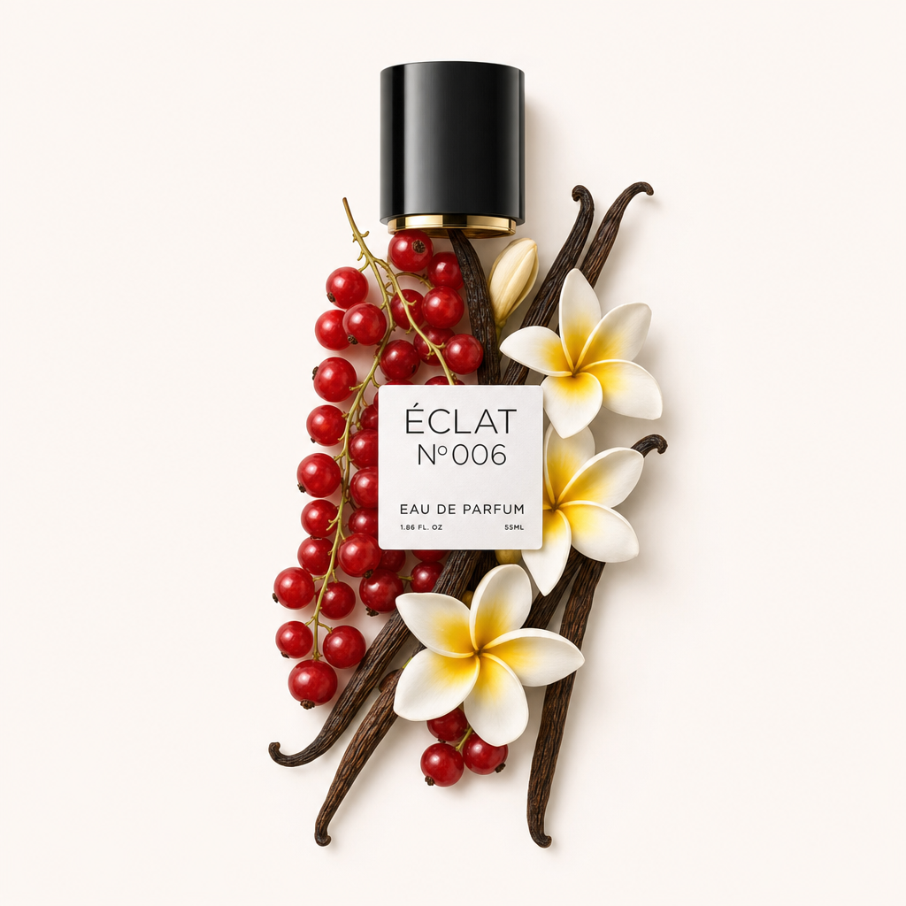 Un arrangement de groseilles rouges et de gousses de vanille avec des fleurs blanches, surmonté d'un capuchon noir portant l'étiquette ÉCLAT Sweet Red Currant.