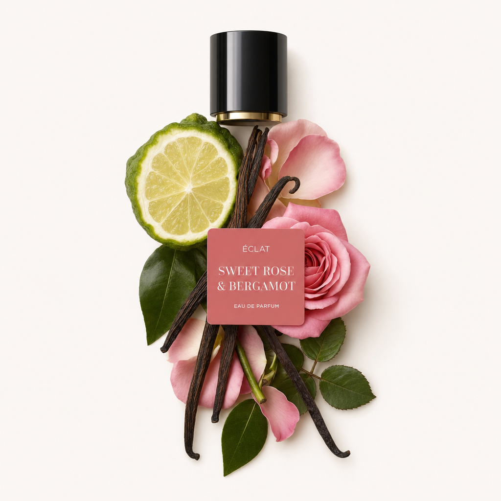 Un arrangement de tranche de bergamote, pétales de rose rose et gousses de vanille entoure un capuchon noir avec étiquette ÉCLAT Sweet Rose & Bergamot.