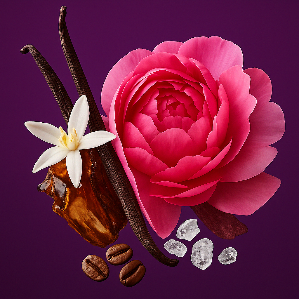 A composition of a pink rose, vanilla pods, a white flower, coffee beans, amber resin, and sugar crystals on a deep purple background, representing ÉCLAT Sweet Rose & Coffee.