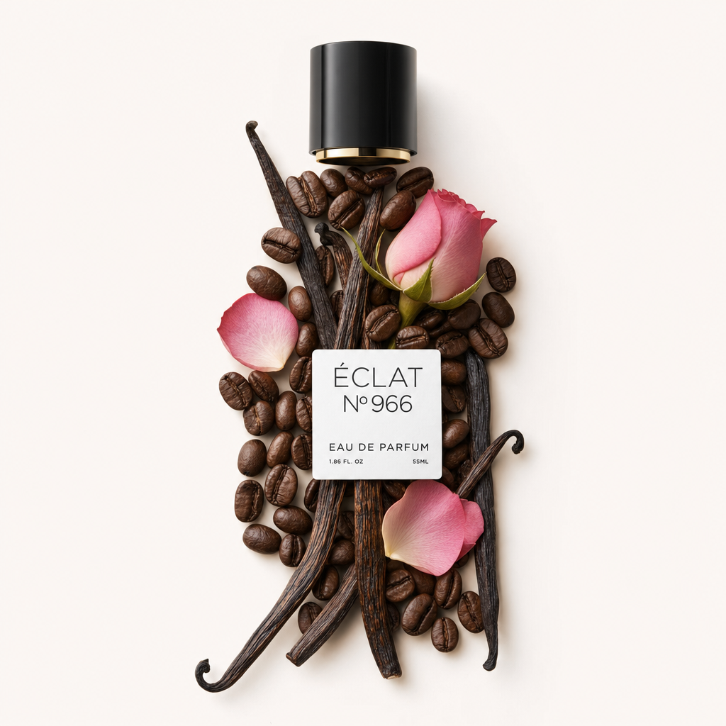 Un arrangement de fleurs de rose roses, grains de café et gousses de vanille entoure un bouchon noir avec une étiquette de ÉCLAT Sweet Rose & Coffee.