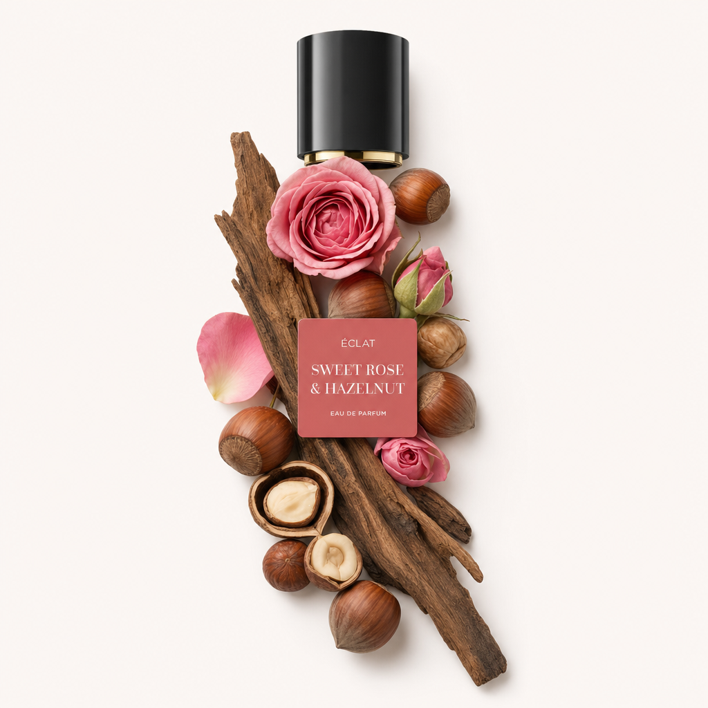 Un arrangement de roses, noisettes et écorce avec un capuchon noir ÉCLAT Sweet Rose & Hazelnut au-dessus.