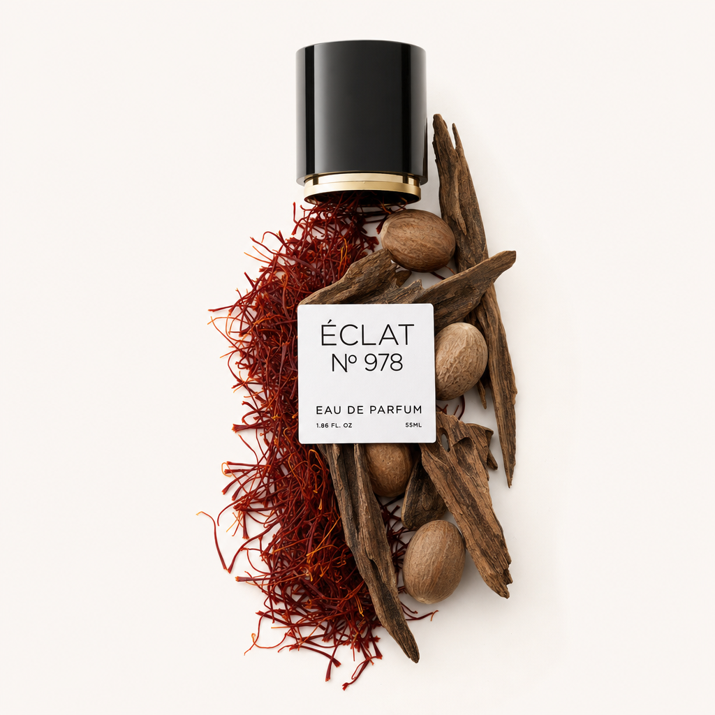 Un arrangement de brins de safran vifs, de morceaux de bois d'oud et de muscade entière entoure un bouchon noir avec accent doré et étiquette pour ÉCLAT Sweet Saffron & Oud.