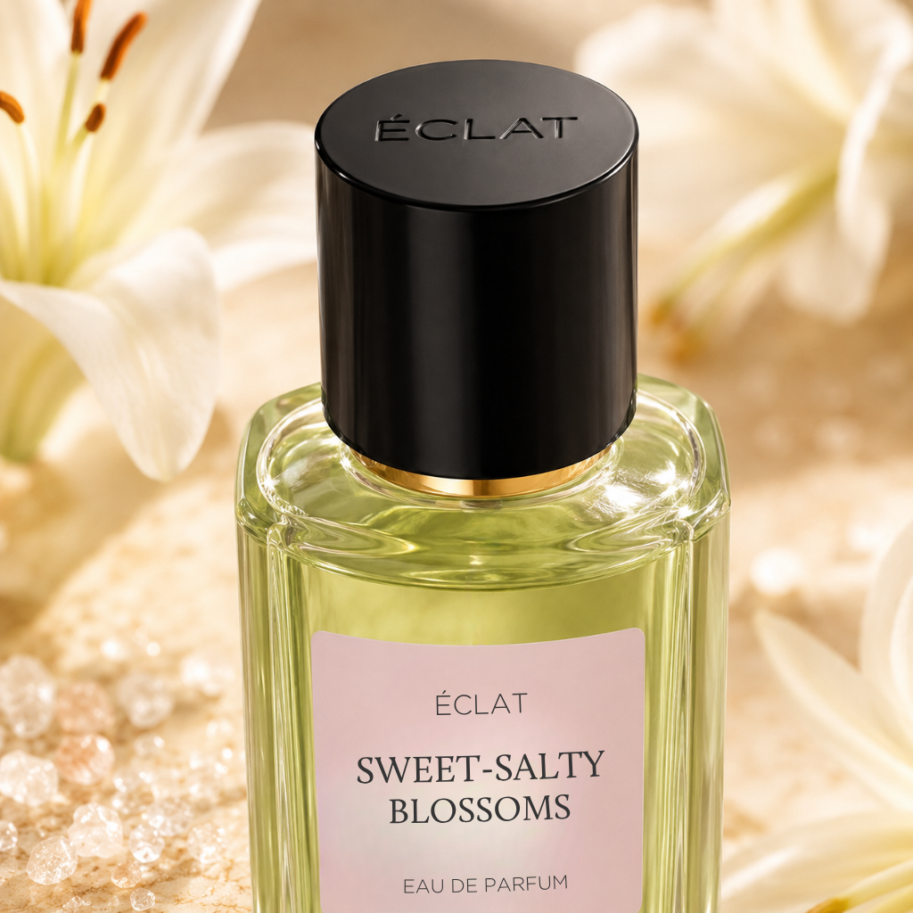 Φιάλη από κατεργασμένο γυαλί ÉCLAT Sweet-Salty Blossoms με μαύρο καπάκι, περιτριγυρισμένη από λουλούδια.