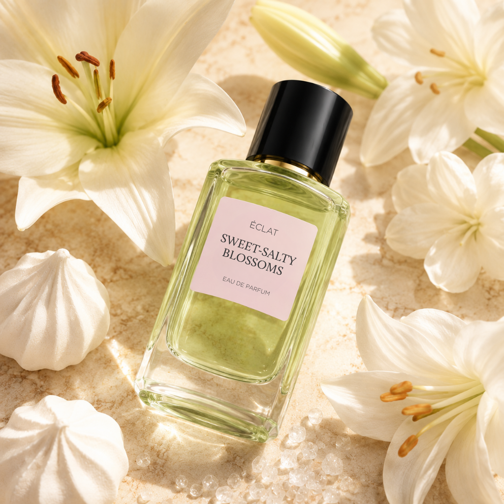 Ένα φιαλίδιο αρώματος ÉCLAT Sweet-Salty Blossoms με μαύρο καπάκι, περιτριγυρισμένο από λευκά κρίνα και μαρέγκες.