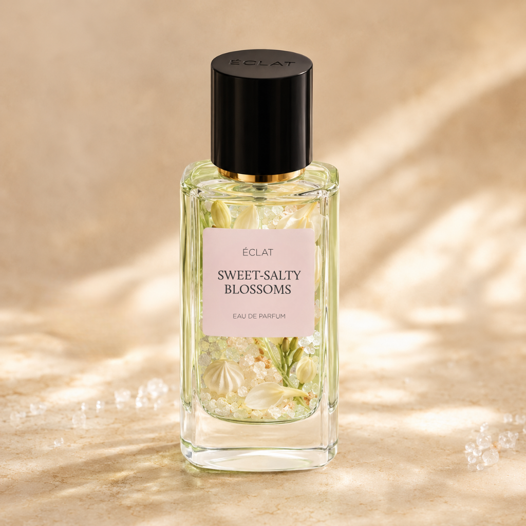 ÉCLAT Sweet-Salty Blossoms σε φιαλίδιο από σκαλιστό γυαλί με μαύρο καπάκι, περιτριγυρισμένο από λεπτά λευκά άνθη.