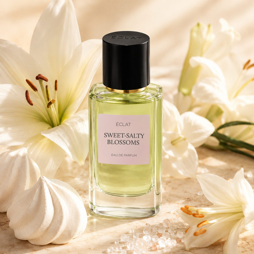 Μπουκάλι αρώματος ÉCLAT Sweet-Salty Blossoms με πράσινο υγρό και μαύρο καπάκι, περιτριγυρισμένο από λευκά κρίνα και μαρέγκες.