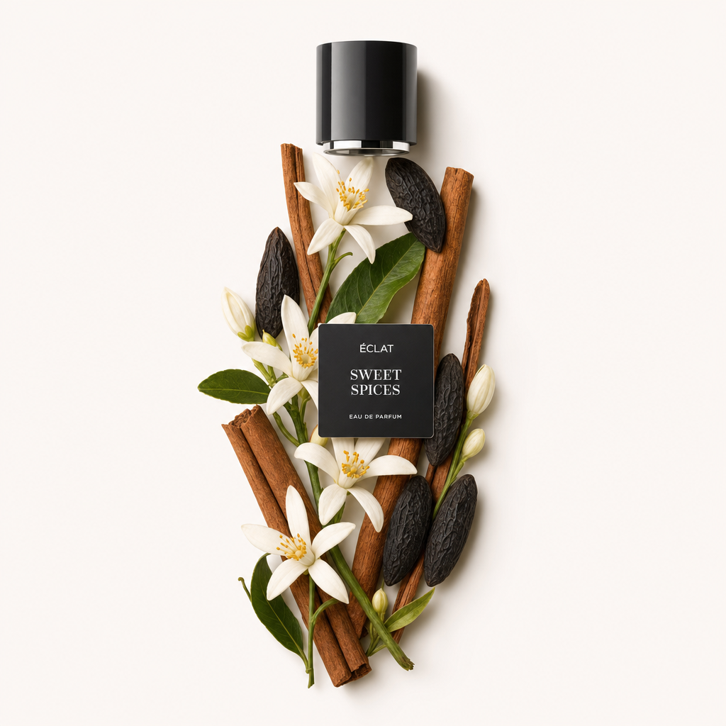 Un arrangement de fleurs blanches, bâtons de cannelle et fèves tonka foncées entoure le capuchon noir avec l'étiquette ÉCLAT Sweet Spices.