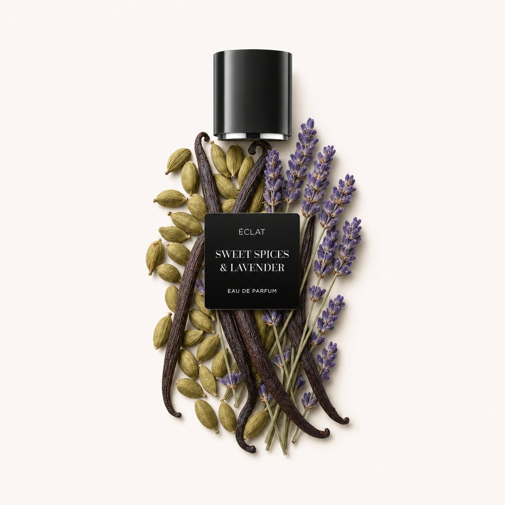 Un arrangement de gousses de cardamome, de gousses de vanille et de brins de lavande entoure un bouchon noir avec l'étiquette ÉCLAT Sweet Spices & Lavender.