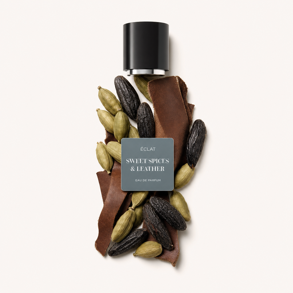 An arrangement of cardamom pods, leather strips, and tonka beans surrounds the black cap with a label of ÉCLAT Sweet Spices & Leather.