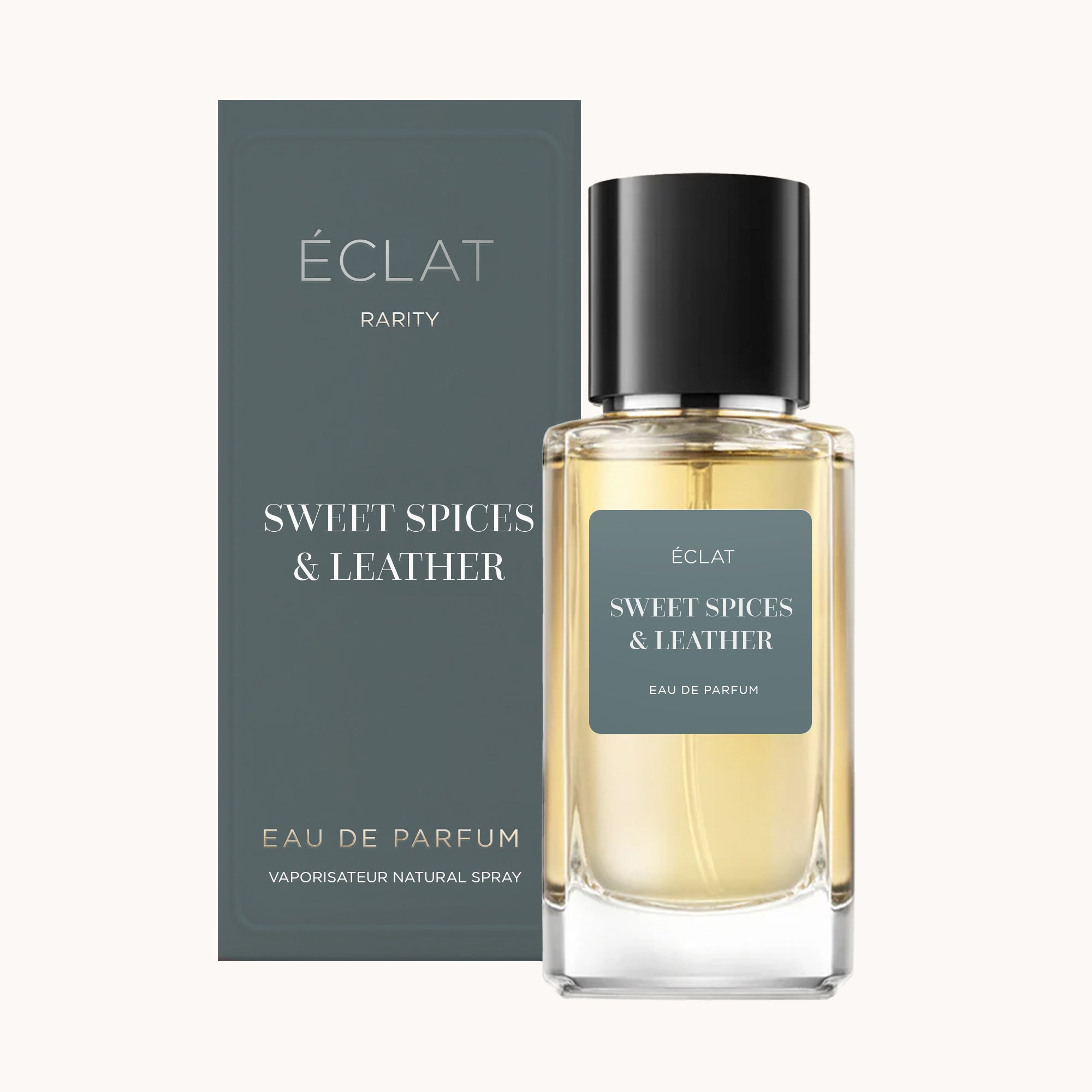ÉCLAT Sweet Spices & Leather bottle with clear glass and black cap, alongside a matching packaging box.