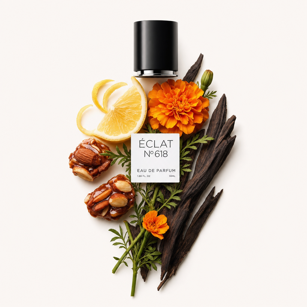 Un arrangement d'ingrédients doux et épicés présente un œillet d'Inde vibrant, des tranches de citron, des gousses de vanille et des amandes autour du bouchon ÉCLAT Sweet Spicy Tagetes avec une étiquette.