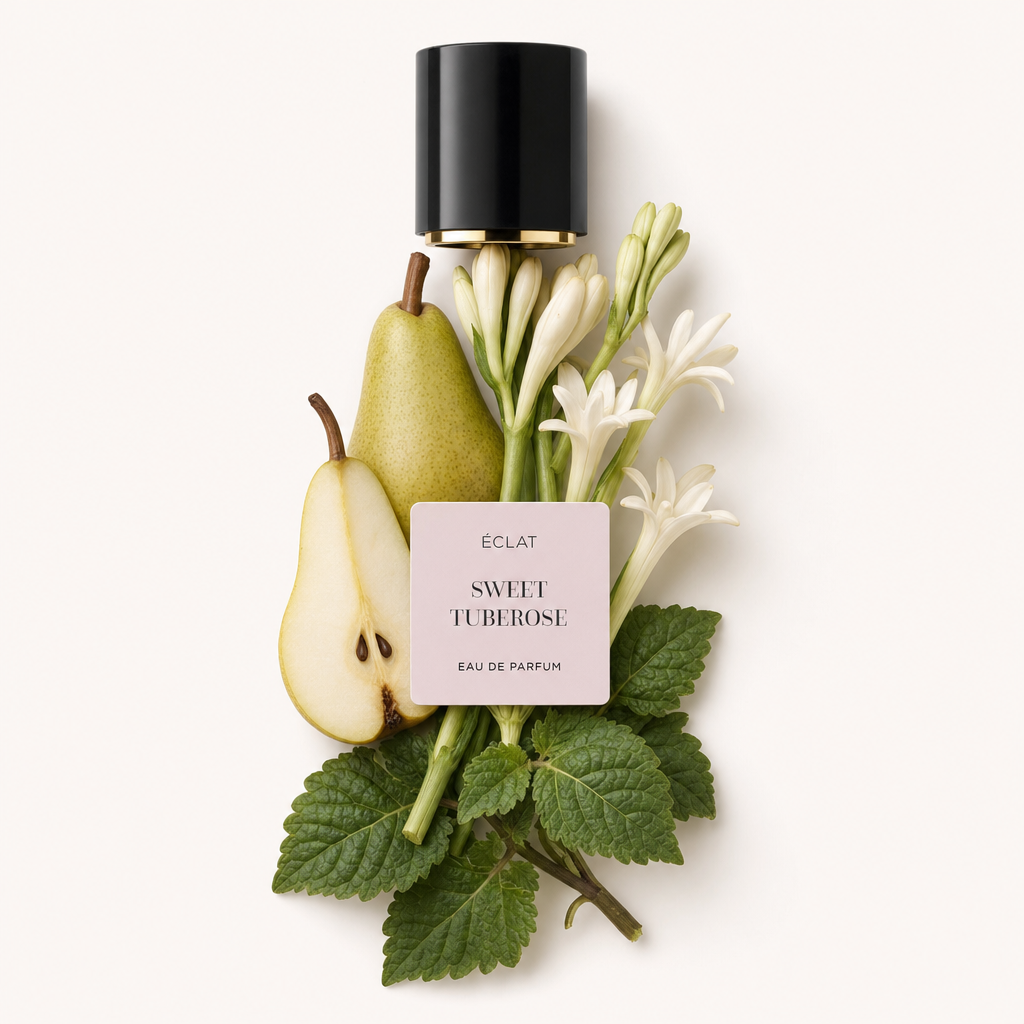 Un arrangement de fleurs de tubéreuse blanches, de poires vertes et de feuilles de menthe fraîches avec le bouchon noir original ÉCLAT portant une étiquette.