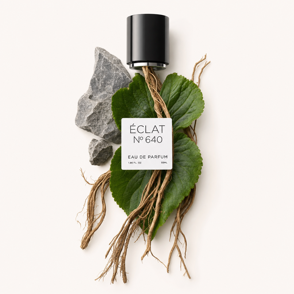 Un arrangement de feuilles de violette et de racines terreuses à côté d'une roche grise, avec un capuchon noir et étiquette pour ÉCLAT Sweet Violet Leaf.