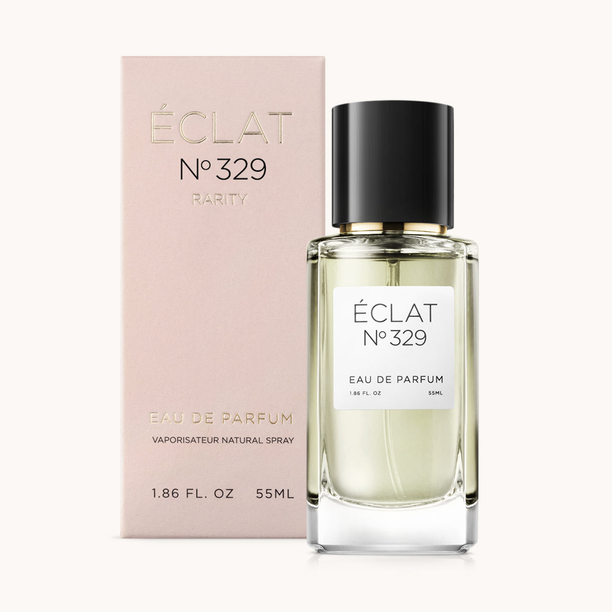 Un frasco de vidrio facetado de ÉCLAT Sweet Whipped Cream con tapa negra, colocado junto a un embalaje rosa suave.