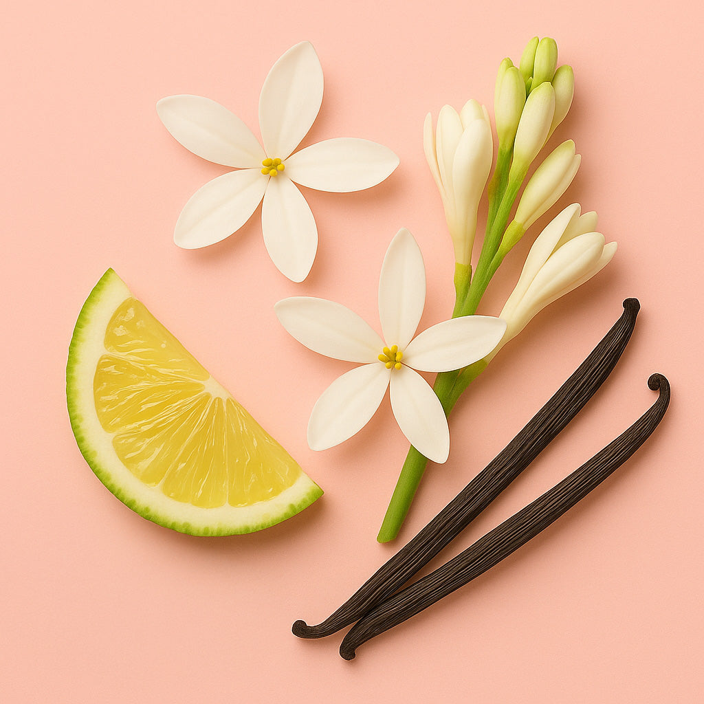 Een samenstelling van witte bloemen, een plakje citroen en vanillebonen op een zachtroze achtergrond, die de essentie van ÉCLAT Sweet White Flowers vangt.