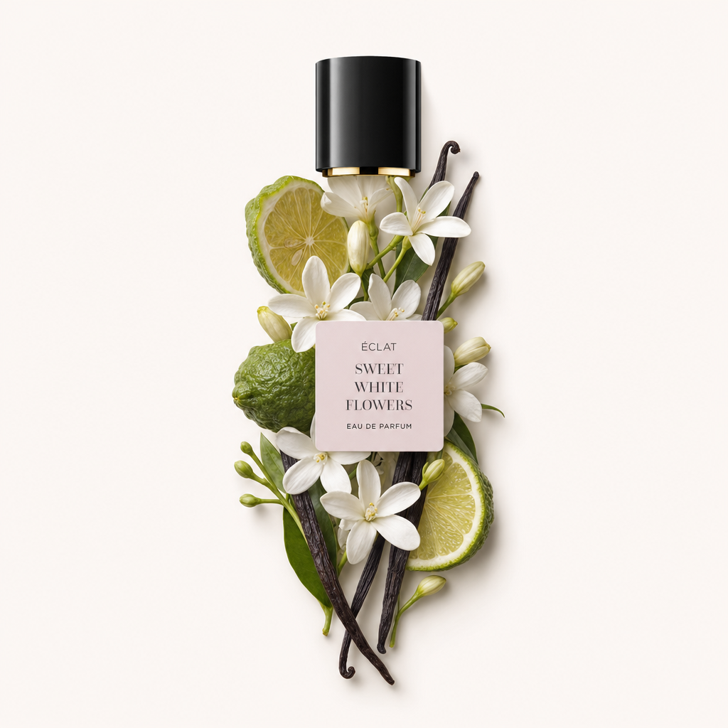 Un arrangement de fleurs blanches, tranches de citron vert et gousses de vanille entoure un capuchon noir étiqueté ÉCLAT Sweet White Flowers.