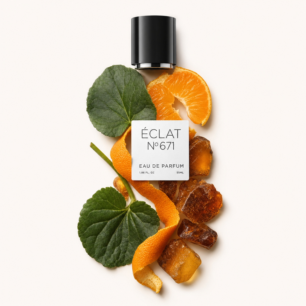 Un arrangement de segments et de zeste de mandarine, de feuilles de géranium et de résine d'ambre entoure un capuchon noir avec étiquette ÉCLAT Synthetic Tangerine.