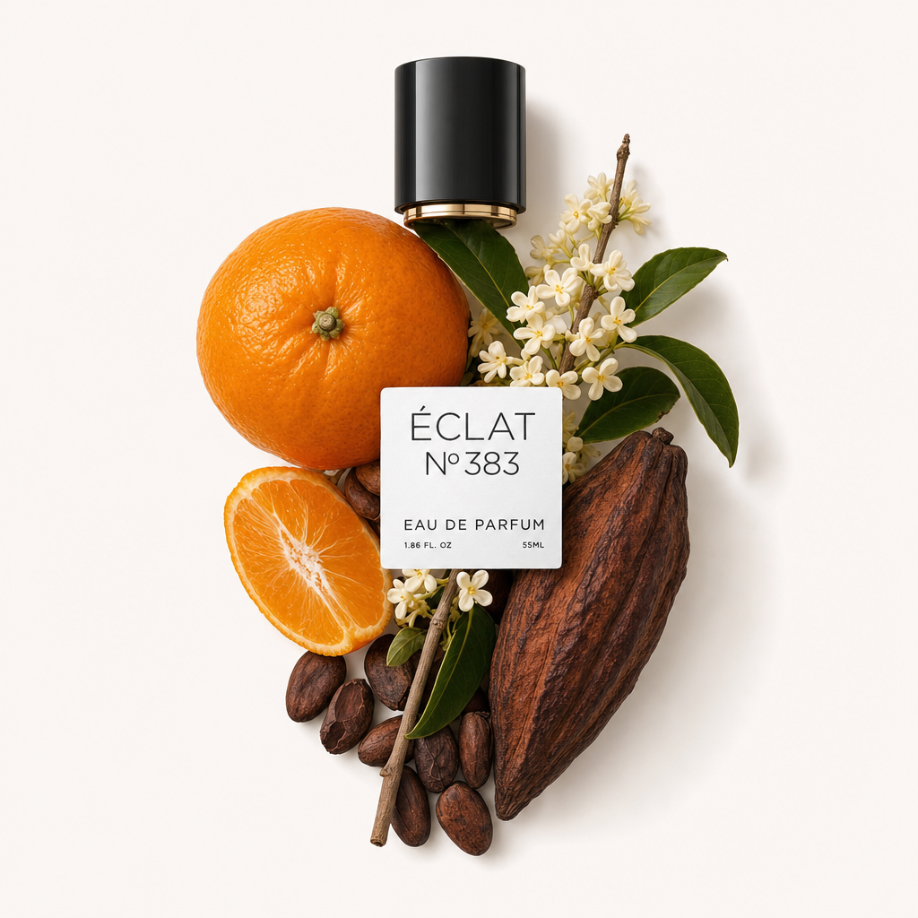 Un arreglo de mandarina, granos de cacao, flores blancas y hojas verdes rodea una tapa negra con etiqueta de ÉCLAT Tangerine & Cocoa.