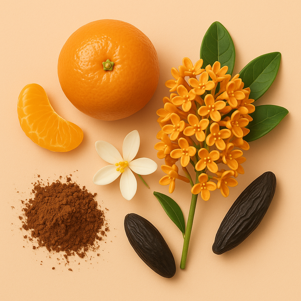 Arreglo de una mandarina entera, un gajo de mandarina, polvo de cacao, una flor blanca, flores naranjas y granos de tonka sobre un fondo beige suave que representa ÉCLAT RAR Tangerine & Cocoa.