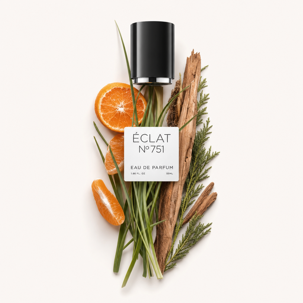 A sophisticated arrangement of sliced tangerine, Neptune grass, and wood notes encircles a black cap with ÉCLAT label.