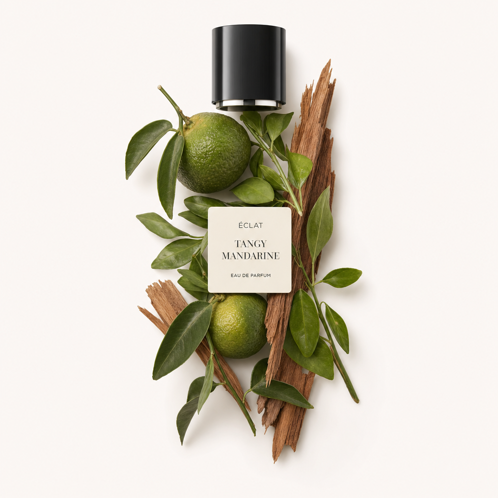 Un arrangement de mandarines vertes fraîches, feuilles vives et bâtons de cannelle avec le bouchon noir original portant une étiquette ÉCLAT Tangy Mandarin.