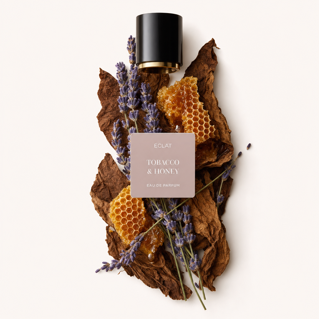 An arrangement of dried tobacco leaves, golden honeycomb, and sprigs of lavender surrounds a black cap with a gold accent labeled ÉCLAT Tobacco & Honey.
