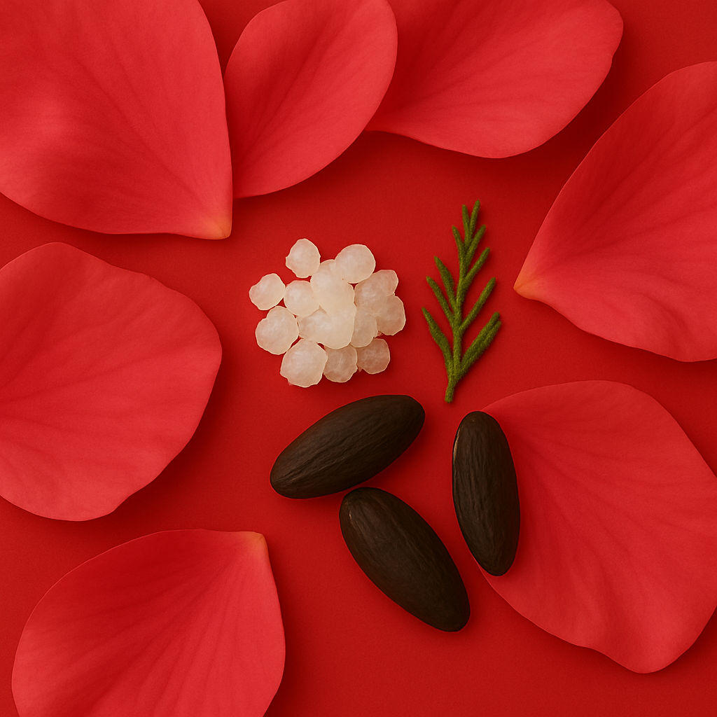 Scattered rose petals, white crystal stones, tonka beans, and a green sprig on a red background symbolize ÉCLAT Tonka Bean & Musk.