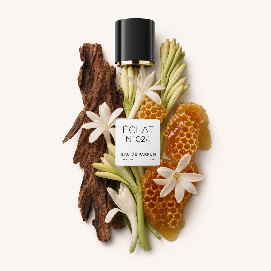 An arrangement of tuberose flowers, honeycombs, and wood, with a black ÉCLAT cap featuring a label placed on top.