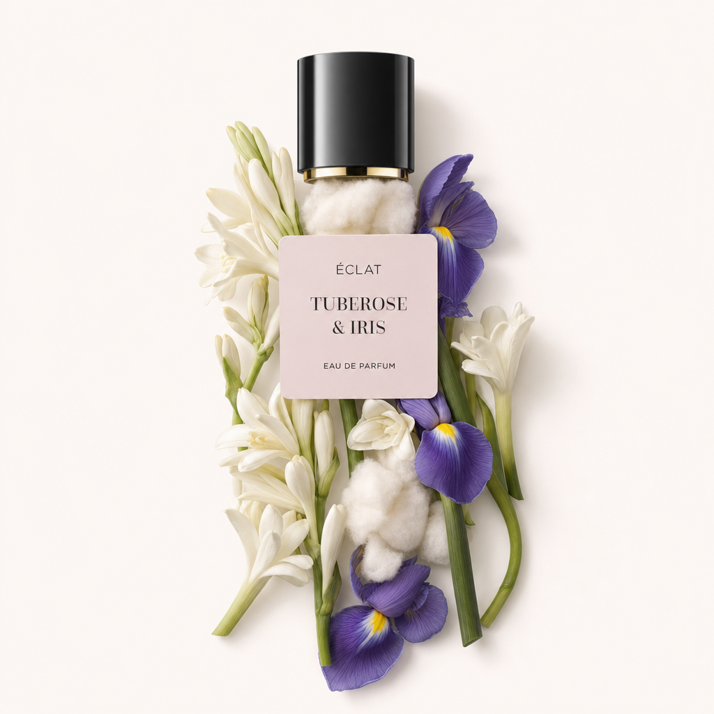 Arrangement de fleurs de tubéreuse et d'iris avec un capuchon noir portant une étiquette ÉCLAT Tuberose & Iris.
