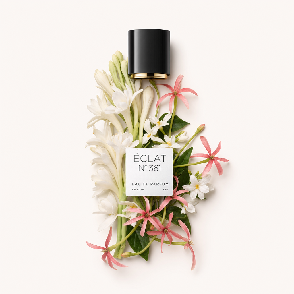 Un arrangement de tubéreuses blanches et de jasmin rose entoure un bouchon noir avec étiquette ÉCLAT Tuberose & Jasmine.