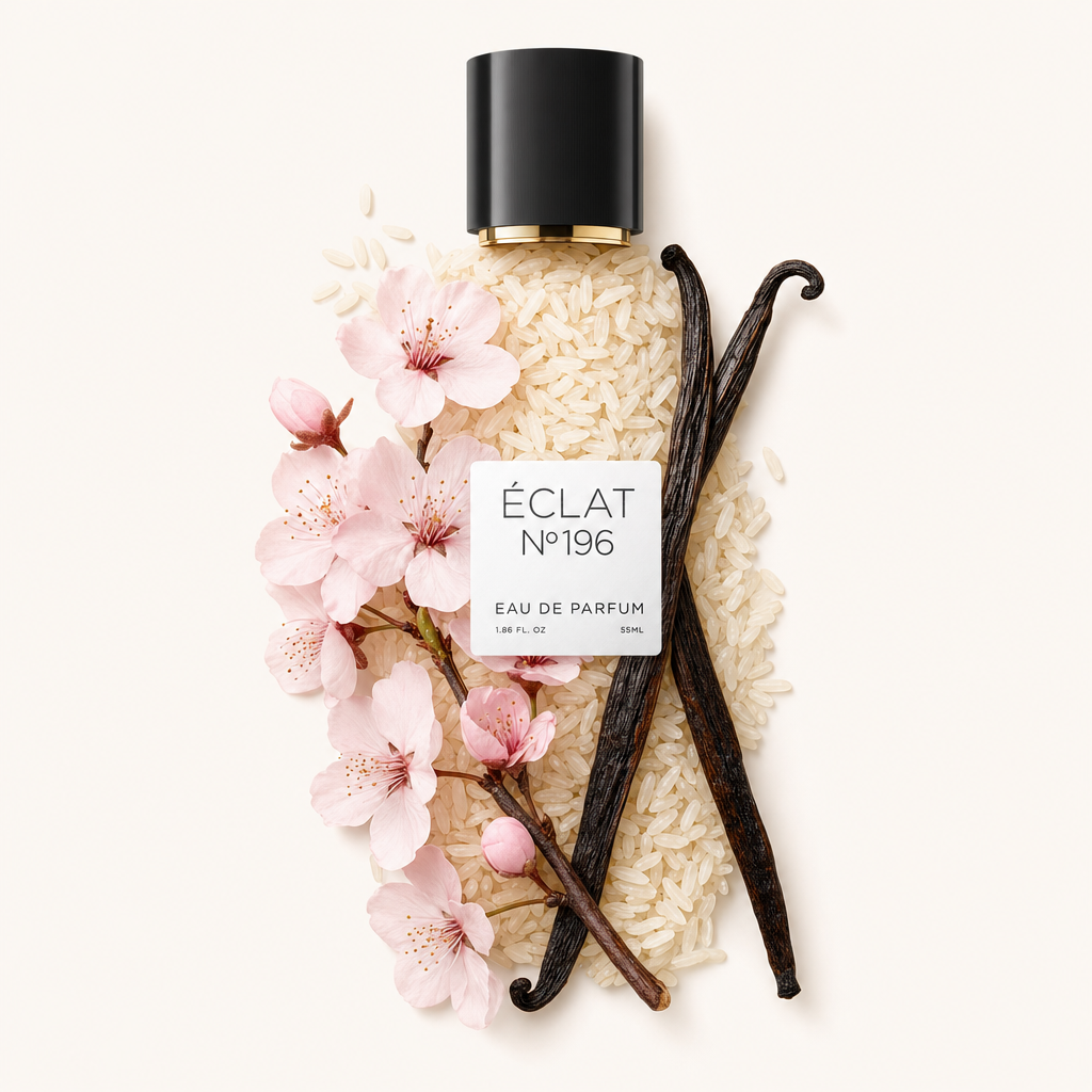 Un arrangement de gousses de vanille et de grains de riz avec de délicates fleurs roses, entourant un capuchon noir avec une étiquette d'ÉCLAT Vanilla & Rice.