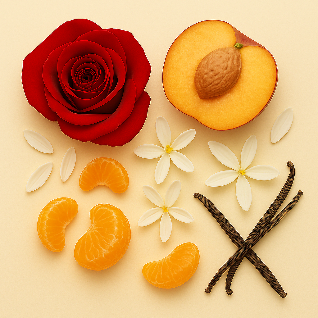 Une composition de rose rouge, moitié de pêche avec noyau, segments de mandarine, gousses de vanille et fleurs blanches sur fond beige, représentant ÉCLAT Vanilla & Tangerine.