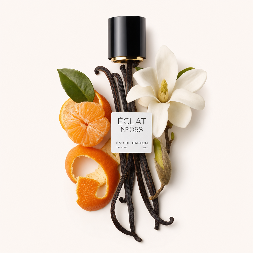 Un arrangement de gousses de vanille, d'une mandarine pelée et d'une fleur de magnolia, avec un capuchon noir portant l'étiquette ÉCLAT Vanilla & Tangerine.