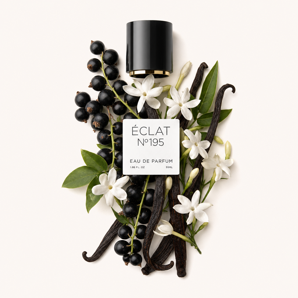 Un arrangement de cassis, gousses de vanille et fleurs blanches entoure avec art un capuchon noir avec une étiquette pour ÉCLAT Vanilla & Tonka Bean.