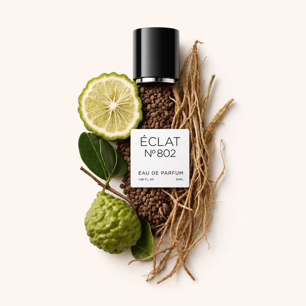 An arrangement of vetiver roots, bergamot slices, and leaves surrounds the original black cap of ÉCLAT Vetiver & Bergamot, showcasing the fragrance's natural elements.