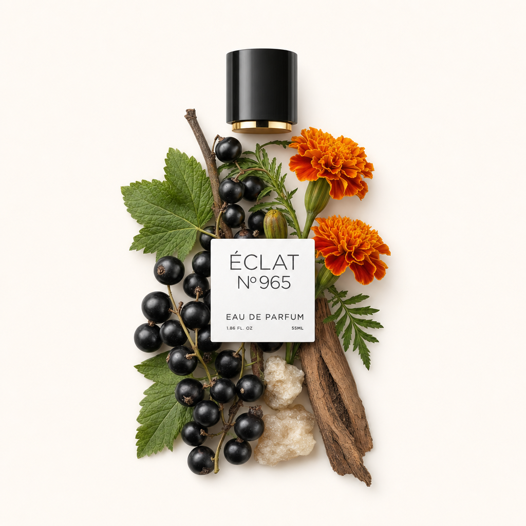 An arrangement of blackcurrants, marigold flowers, and vetiver root surrounds a black cap with a label, representing ÉCLAT Vetiver & Tagetes.