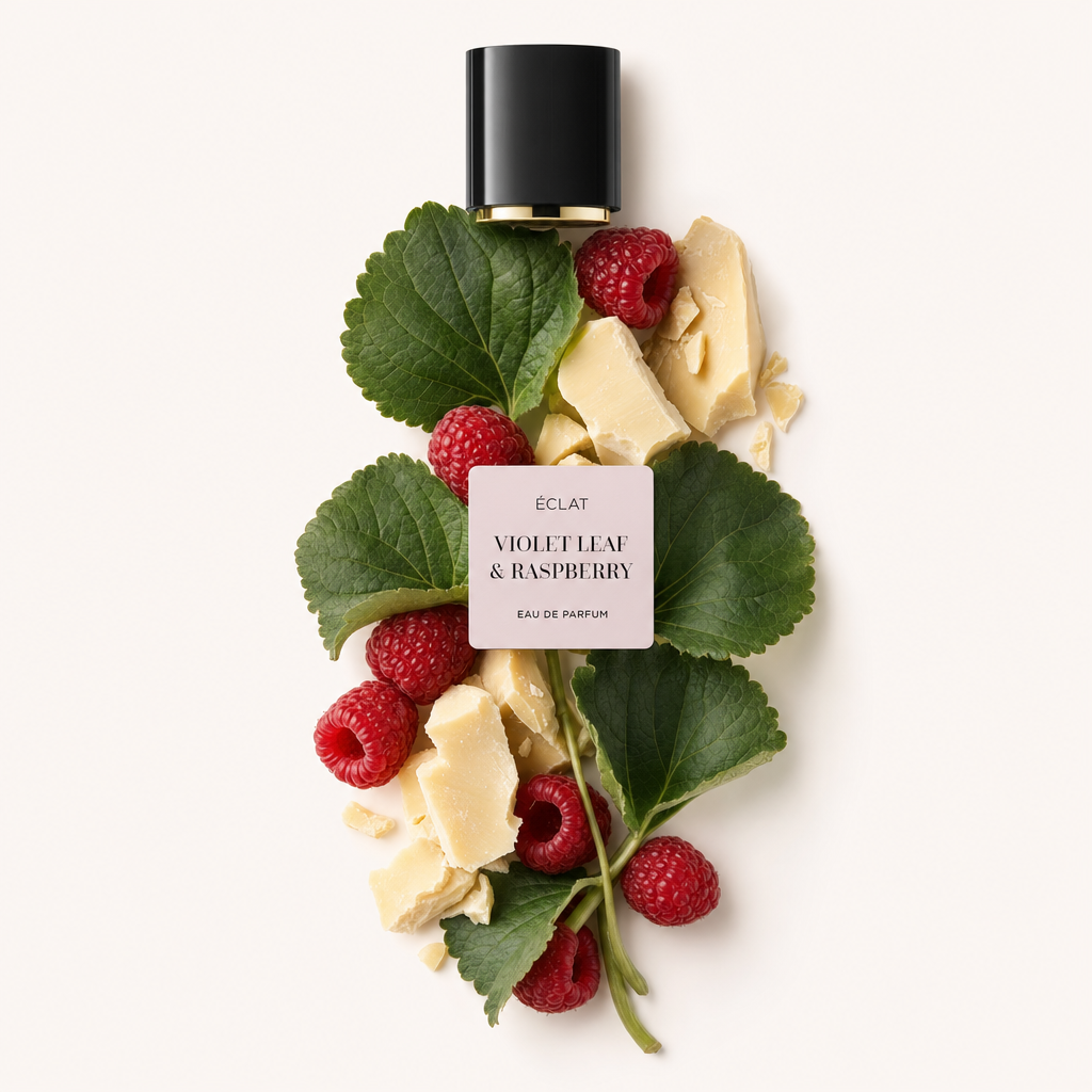 Un arrangement de framboises fraîches et de feuilles de violette, entouré d'éclats de chocolat blanc, avec le bouchon noir original arborant l'étiquette ÉCLAT Violet Leaf & Raspberry.