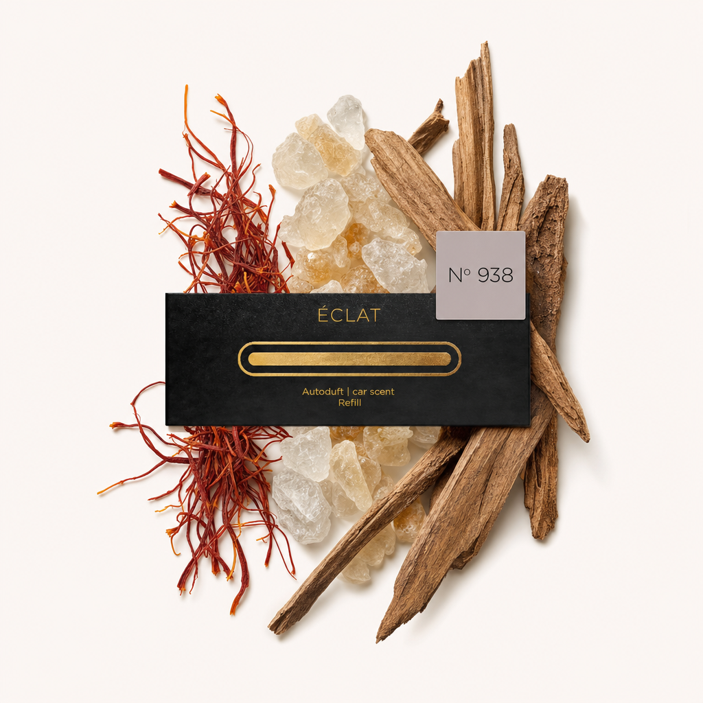 Een arrangement van saffraandraadjes, harskristallen en sandelhouttakjes omringt een zwart ÉCLAT-label met elegante gouden details.