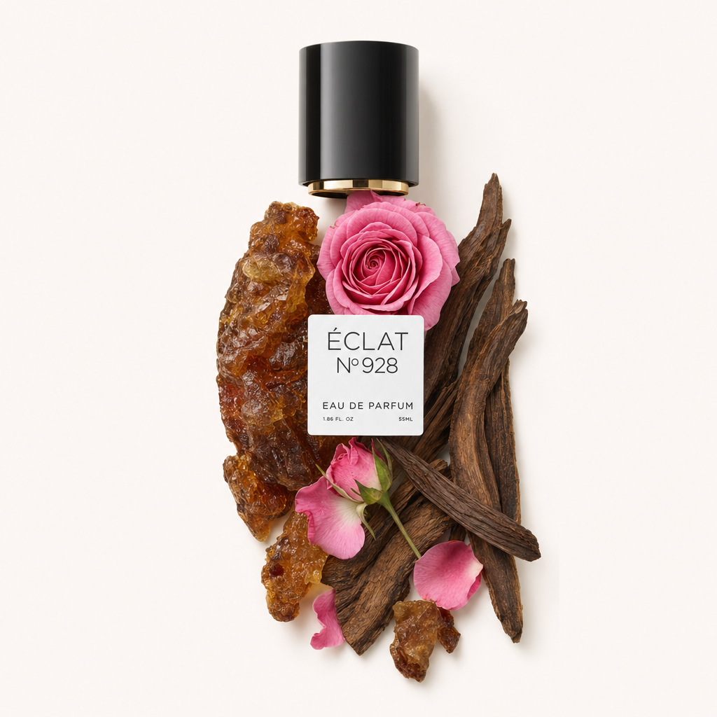 Un arrangement des ingrédients d'ÉCLAT Floral Oud avec un bouchon noir et une étiquette, comprenant une rose rose, du bois d'oud et de la résine d'ambre.