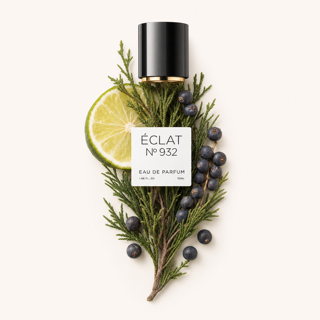 Un capuchon noir à bord doré sur un arrangement de cyprès frais, rondelle de citron vert et baies de genièvre, représentant le parfum ÉCLAT Fresh Cypress.